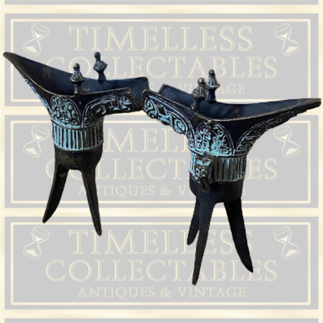 Antique Pair Bronze Chinese Ritual Drinking Tripods