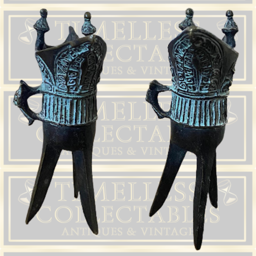Antique Pair Bronze Chinese Ritual Drinking Tripods