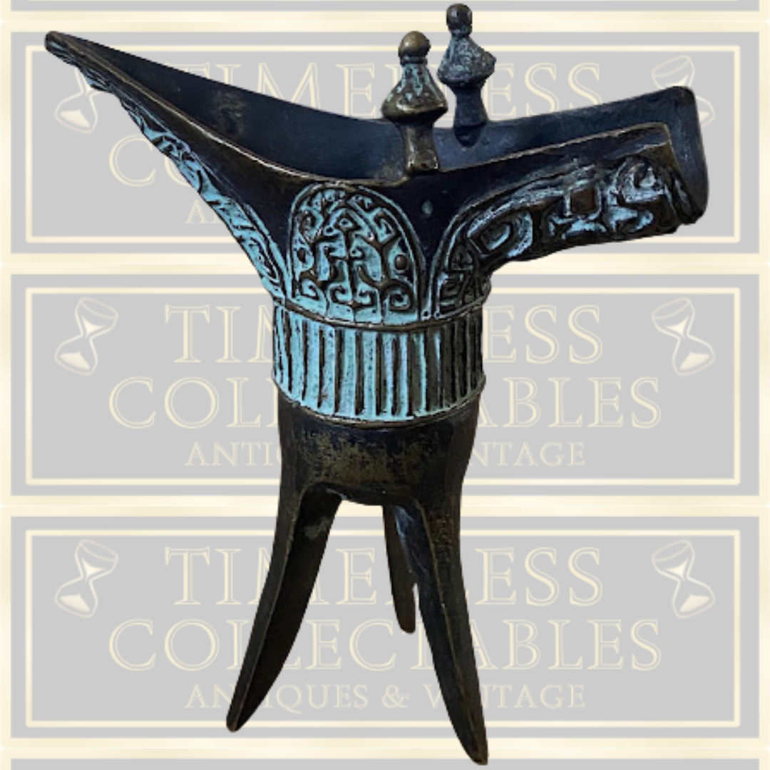 Antique Pair Bronze Chinese Ritual Drinking Tripods