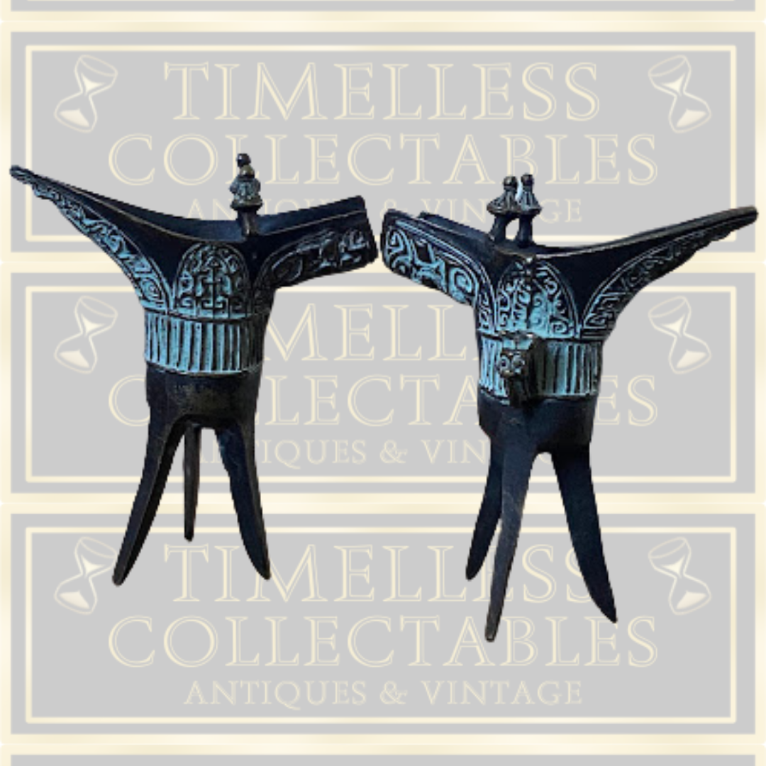 Antique Pair Bronze Chinese Ritual Drinking Tripods