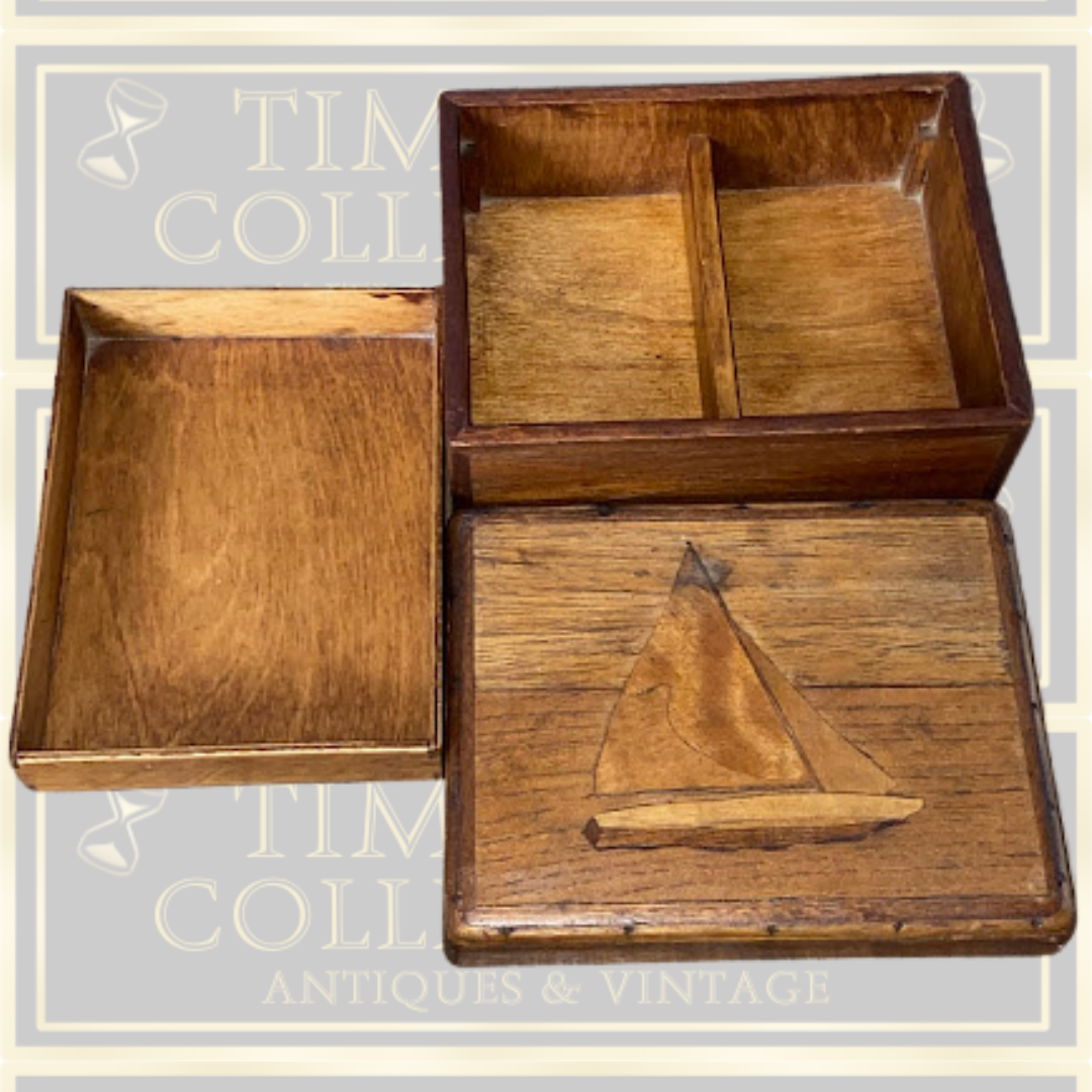 Vintage Three Tier Folk Art Wooden Sailing Boat Box