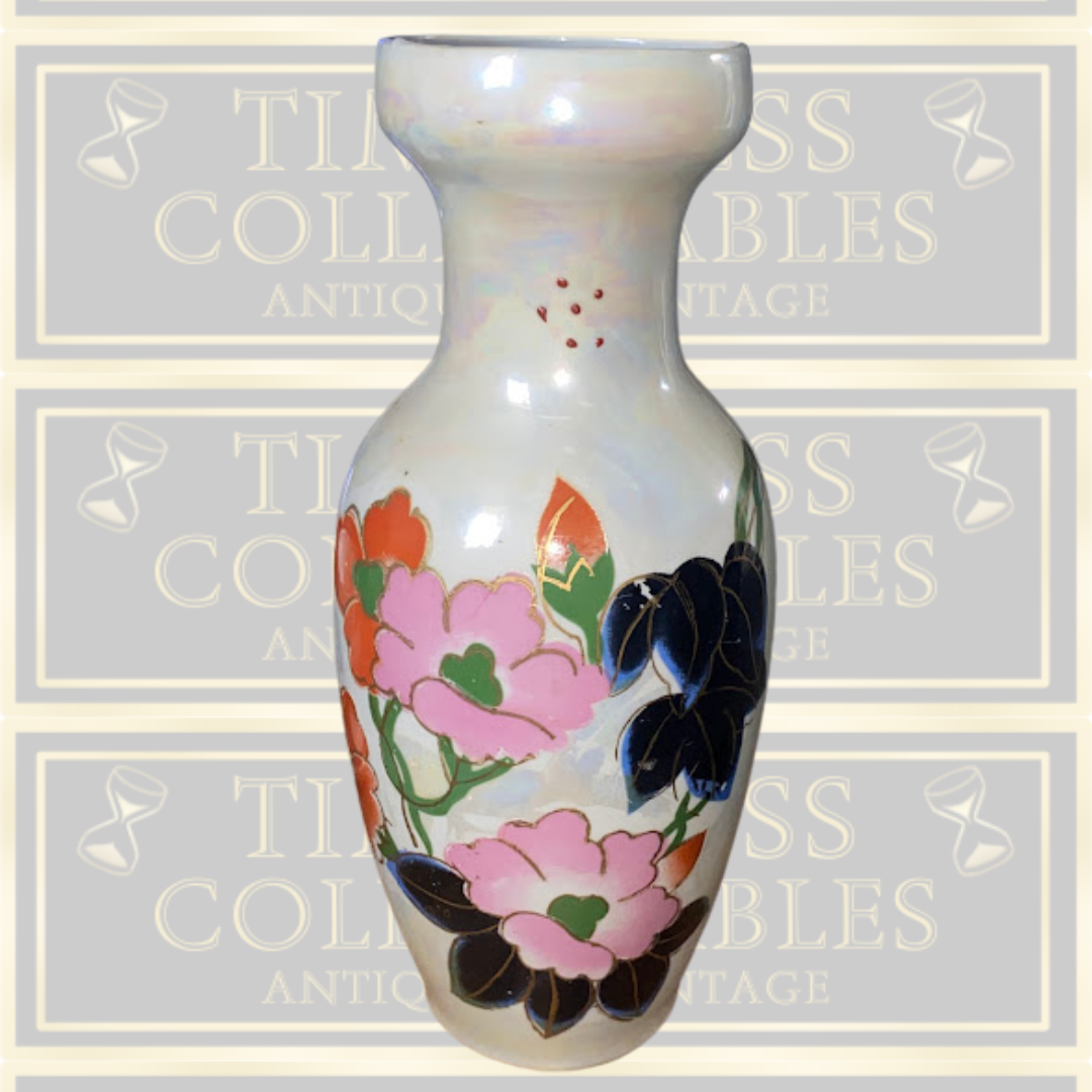 Vintage Iridescent Porcelain Hand-Painted Floral Vase