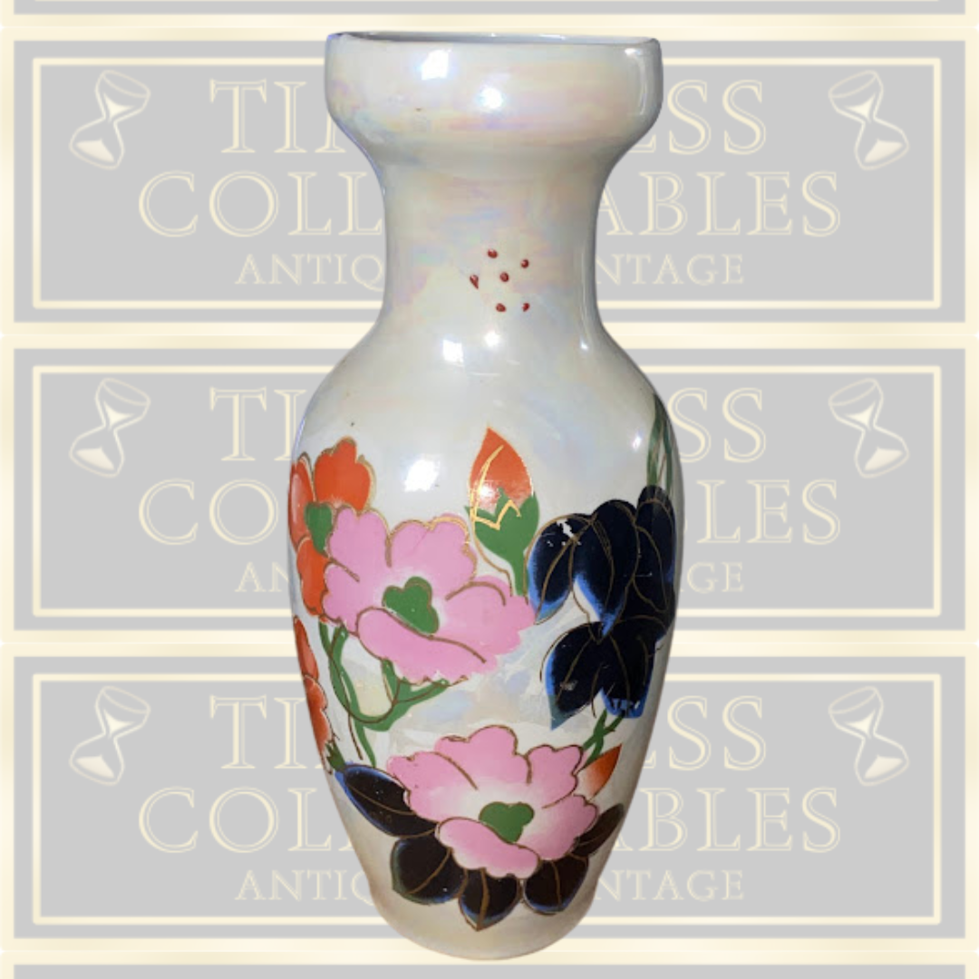 Vintage Iridescent Porcelain Hand-Painted Floral Vase