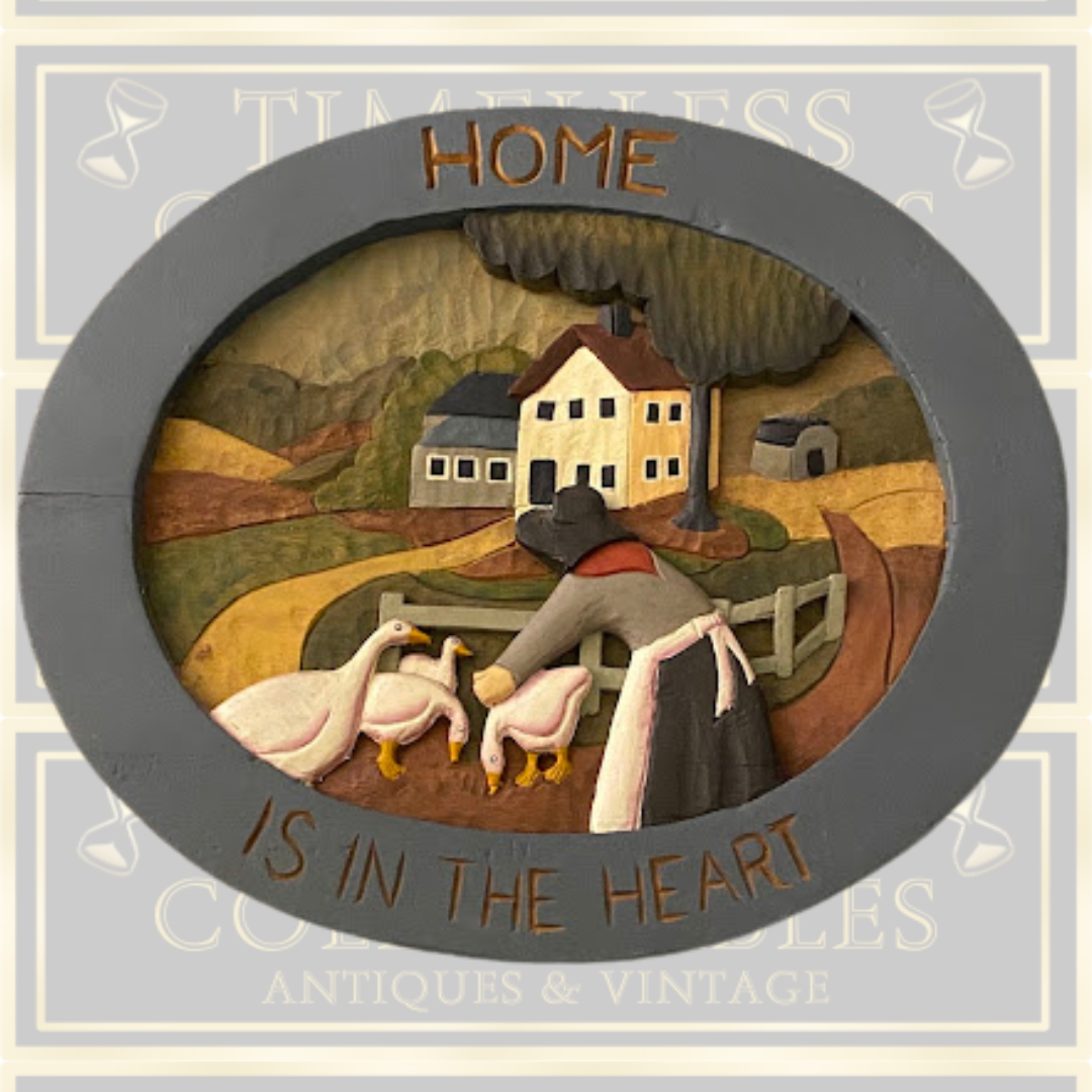 Vintage Hand Carved Wood "Home Is In The Heart Folk Art wall Carving