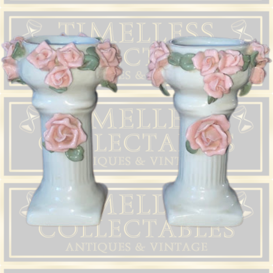 Vintage Pair Candle Holders Applied Pink Roses