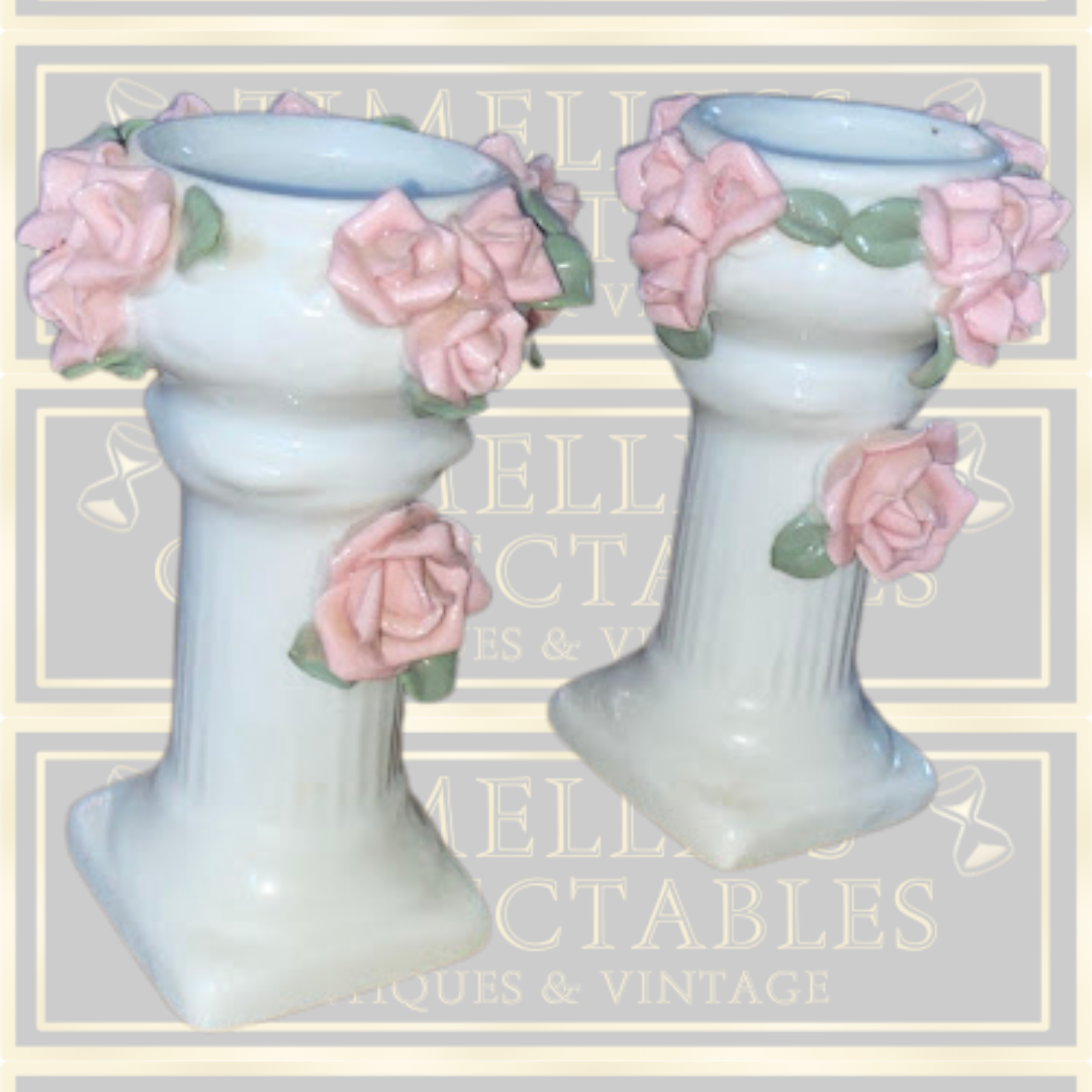Vintage Pair Candle Holders Applied Pink Roses