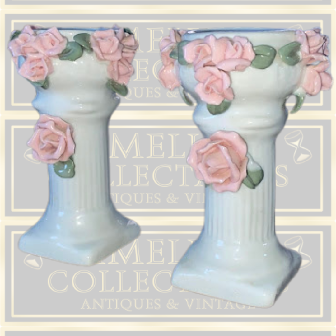Vintage Pair Candle Holders Applied Pink Roses