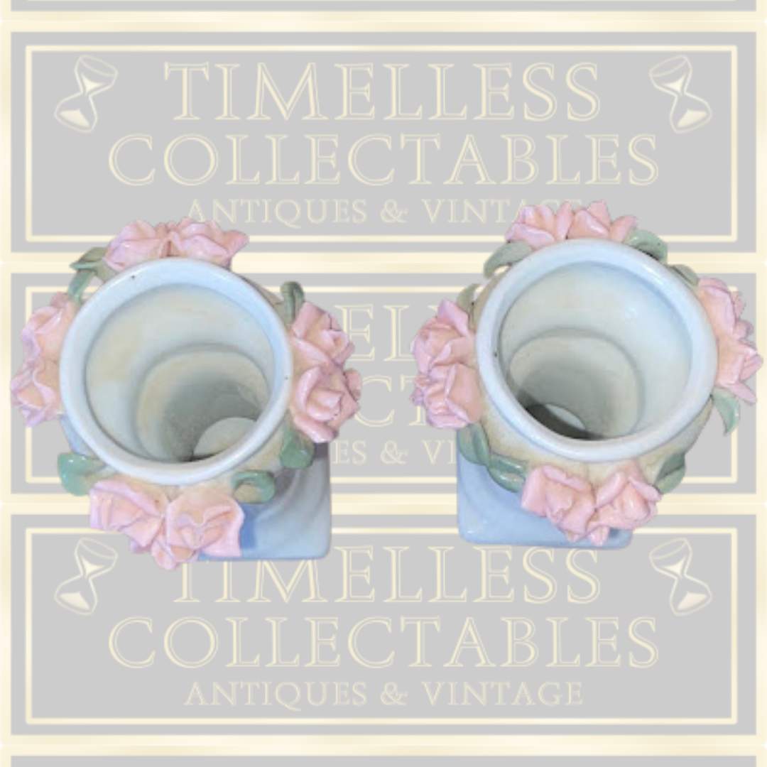 Vintage Pair Candle Holders Applied Pink Roses