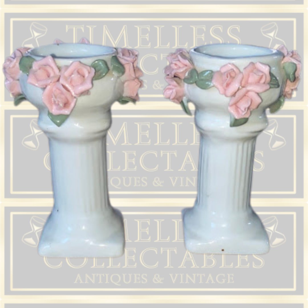 Vintage Pair Candle Holders Applied Pink Roses