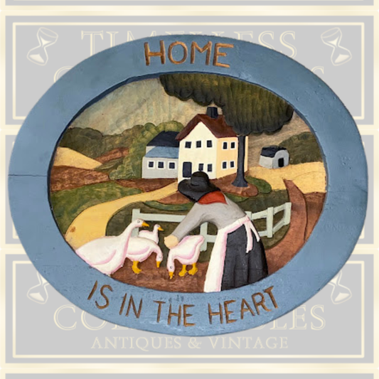 Vintage Hand Carved Wood "Home Is In The Heart Folk Art wall Carving