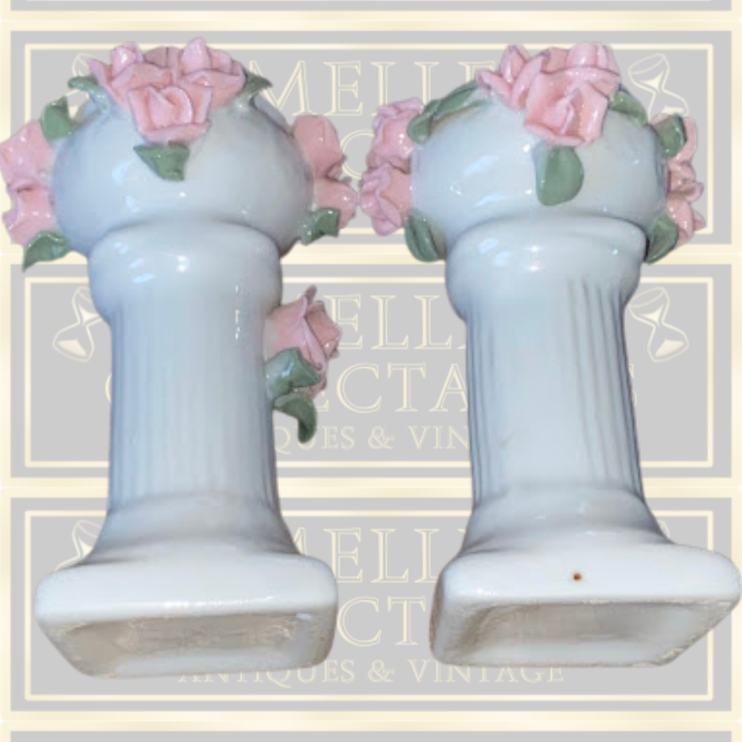 Vintage Pair Candle Holders Applied Pink Roses