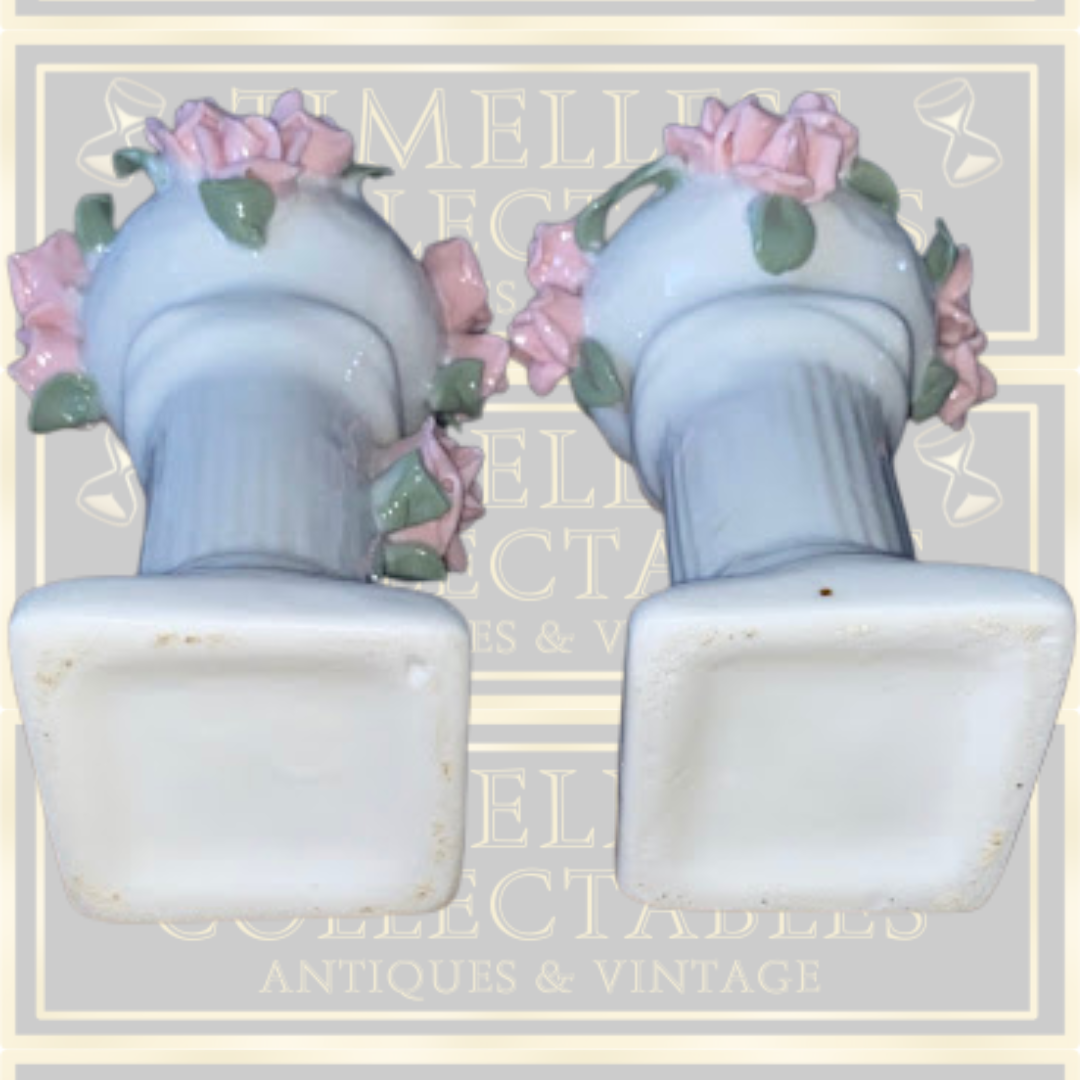 Vintage Pair Candle Holders Applied Pink Roses