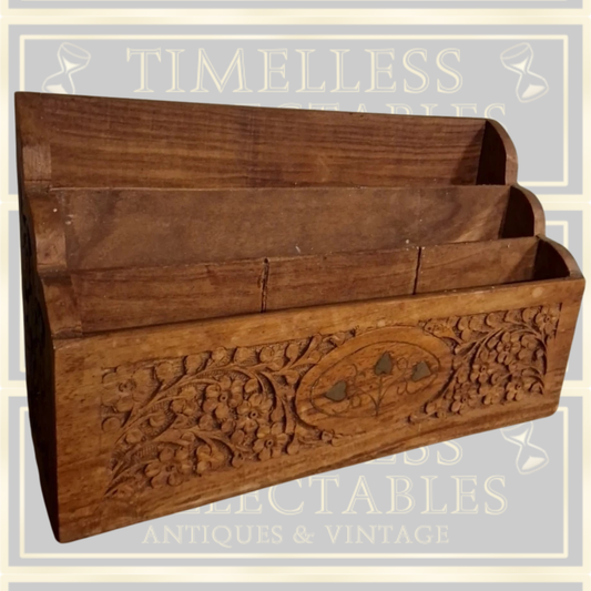 Antique Arts And Crafts Hand Carved Letter Rack with Brass Inlay