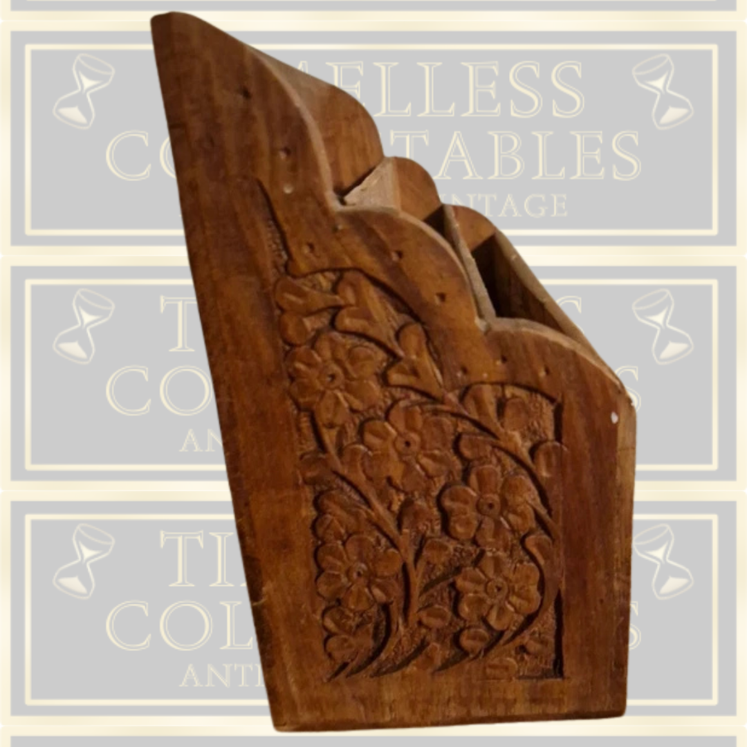 Antique Arts And Crafts Hand Carved Letter Rack with Brass Inlay