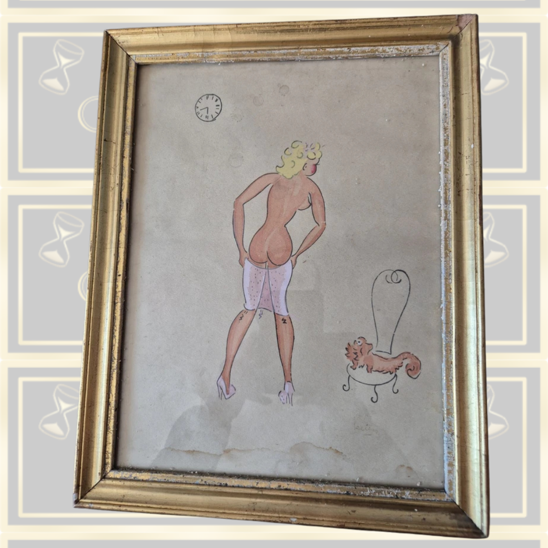 Vintage Pair George De Vertury And Helen Gouache Art Deco Saucy Paintings