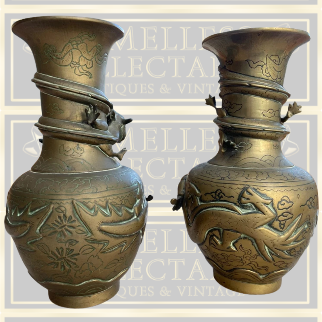 Antique Pair Chinese Brass Vases Entwined with Dragons