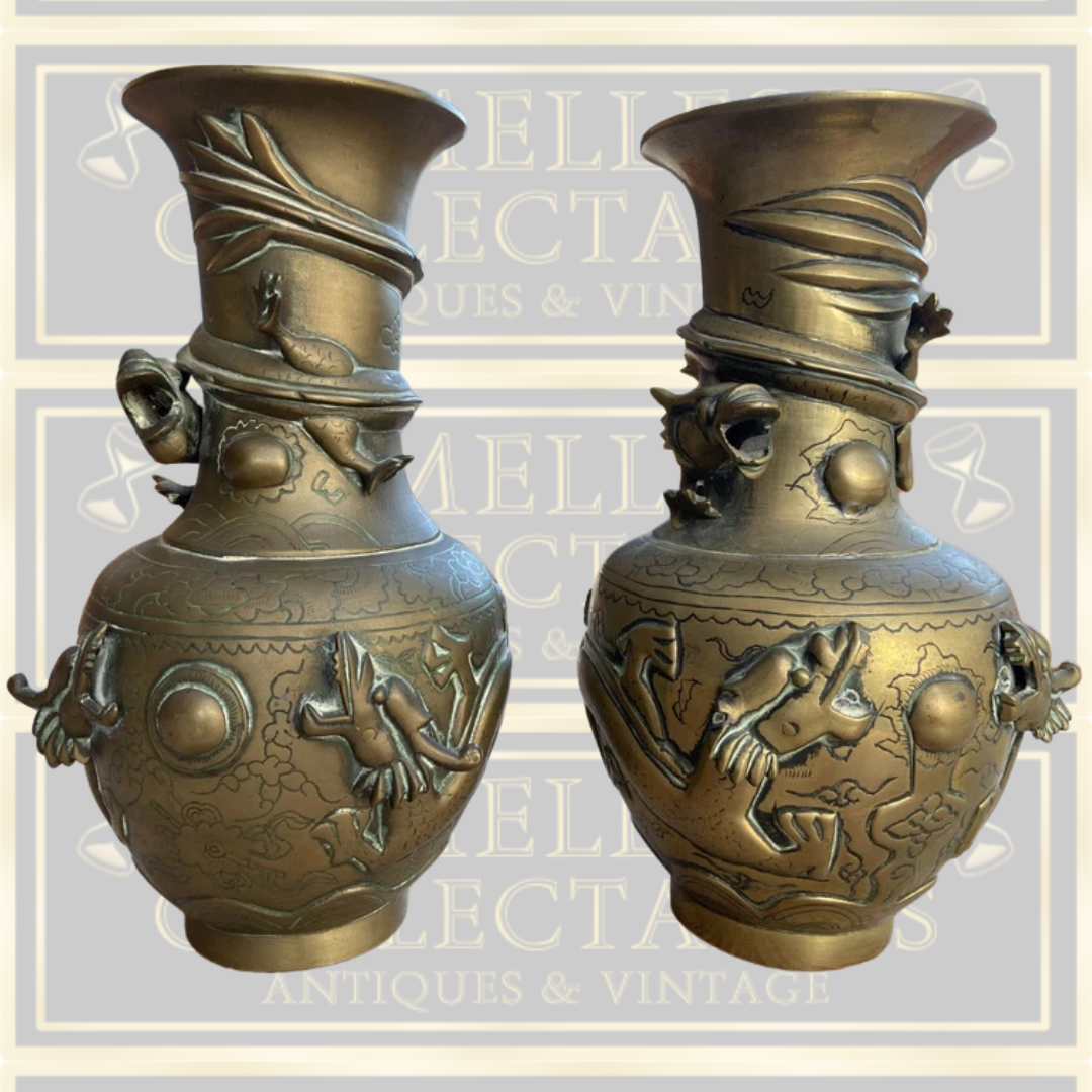 Antique Pair Chinese Brass Vases Entwined with Dragons