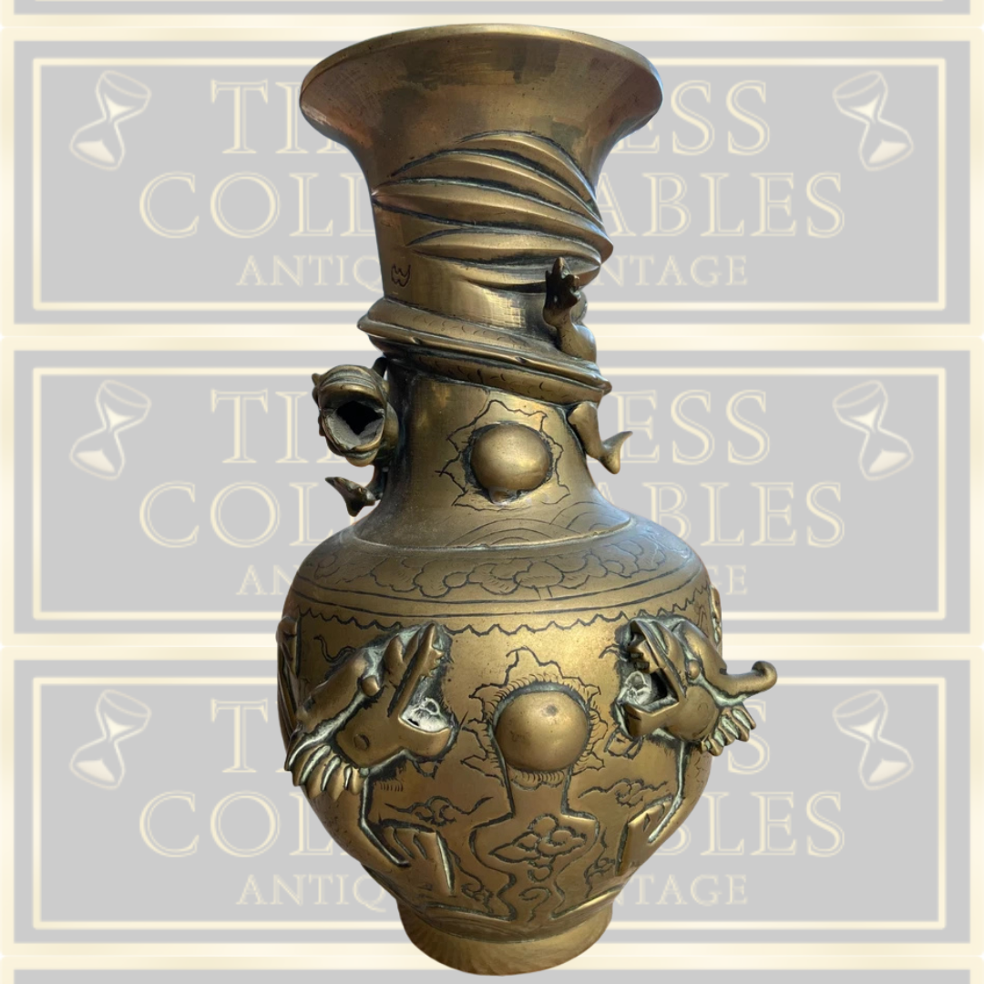 Antique Pair Chinese Brass Vases Entwined with Dragons