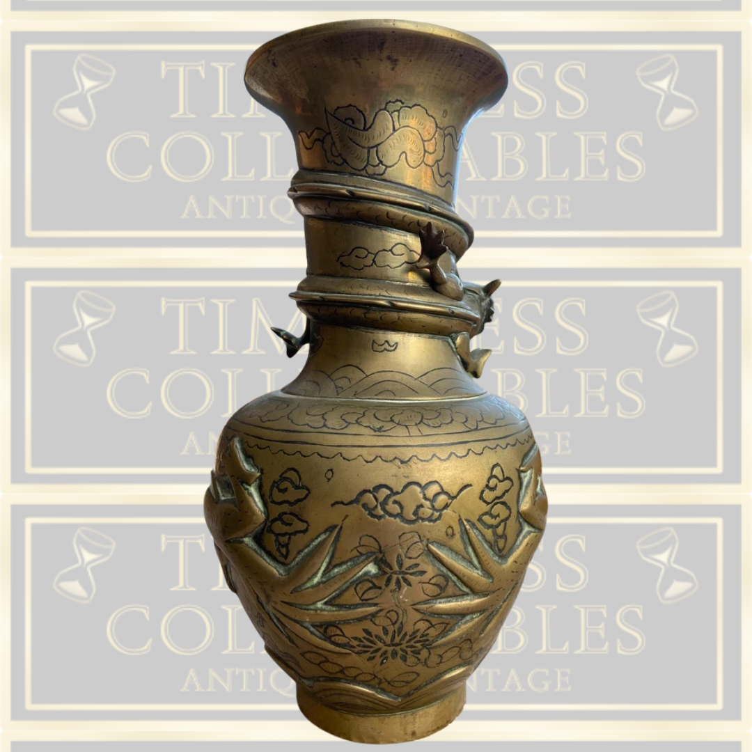 Antique Pair Chinese Brass Vases Entwined with Dragons