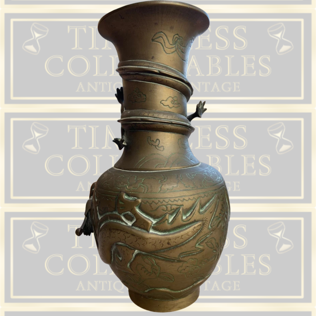 Antique Pair Chinese Brass Vases Entwined with Dragons