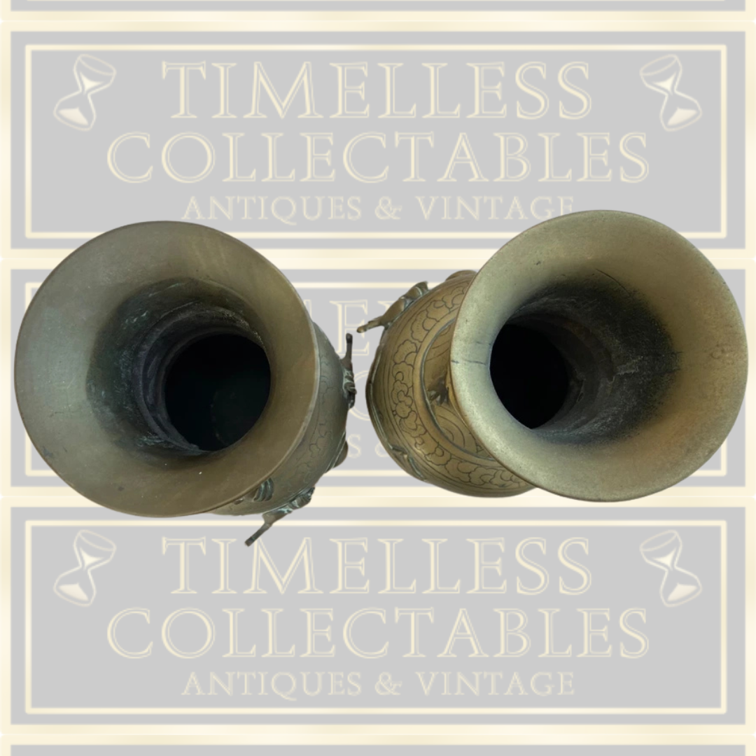 Antique Pair Chinese Brass Vases Entwined with Dragons