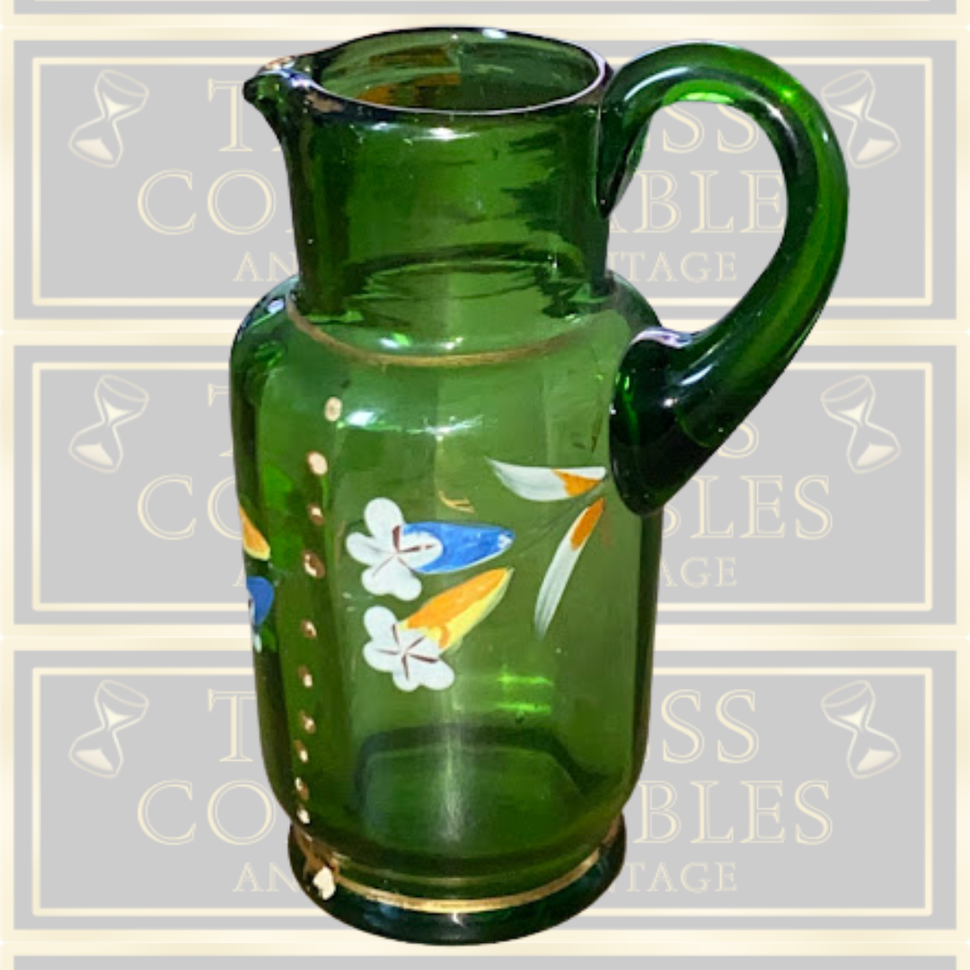 Antique Green Small Glass Jug Floral Painted