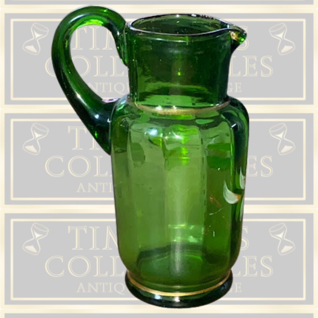 Antique Green Small Glass Jug Floral Painted