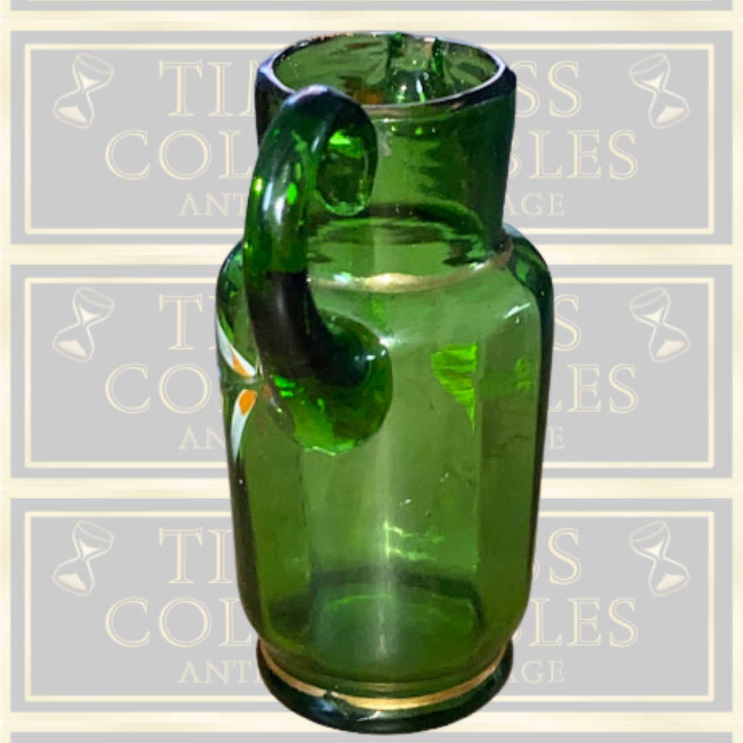 Antique Green Small Glass Jug Floral Painted