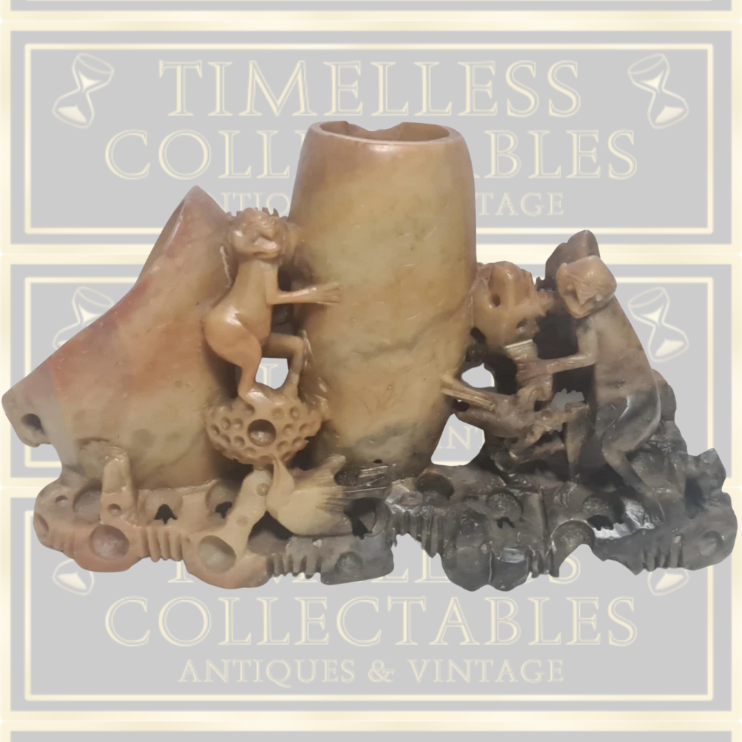 Vintage Large Hand Carved Monkey Soapstone Brush/Pen Holder