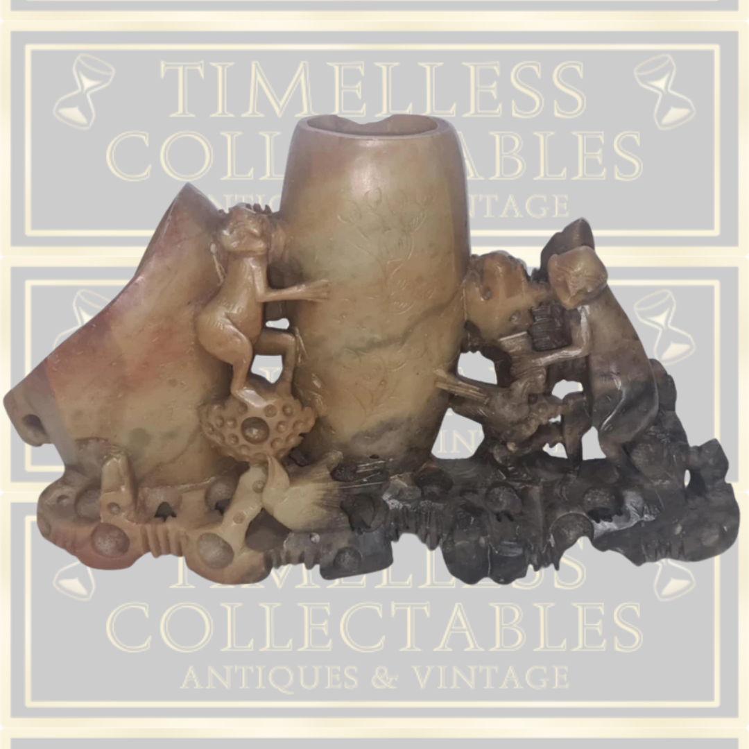 Vintage Large Hand Carved Monkey Soapstone Brush/Pen Holder