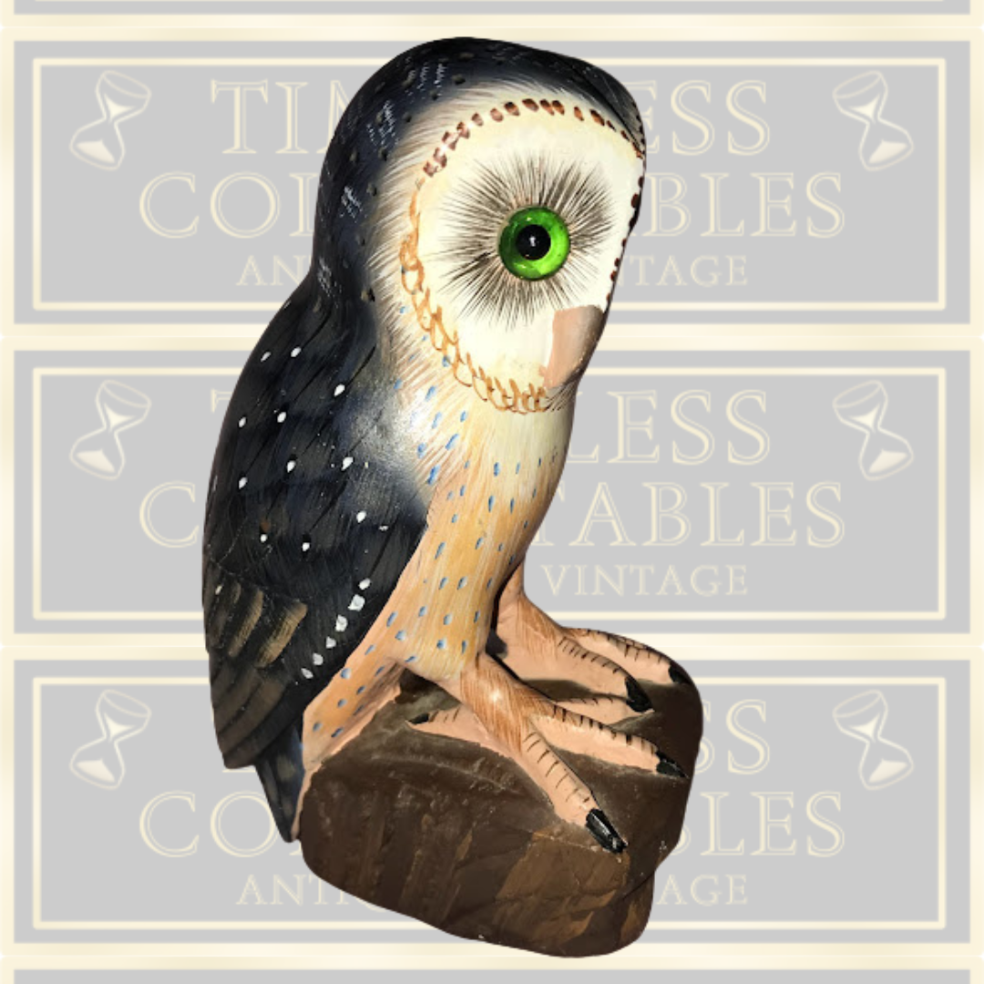 Vintage Hand Painted Stone Owl Sculpture