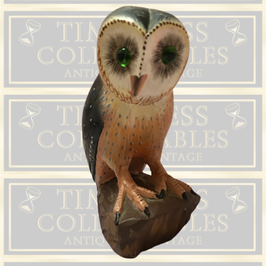 Vintage Hand Painted Stone Owl Sculpture
