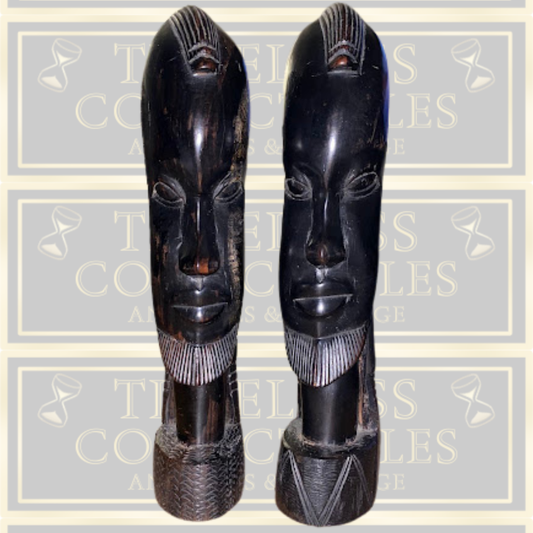 Vintage Large Pair Hand-Carved African Tribal Ebony Wood Sculptures