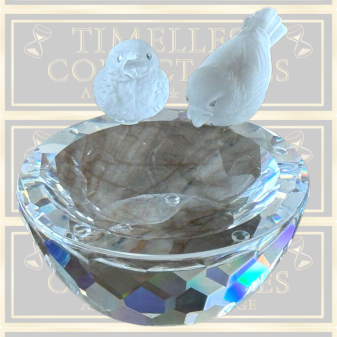Vintage Swarovski Crystal Birdbath & Frosted Birds