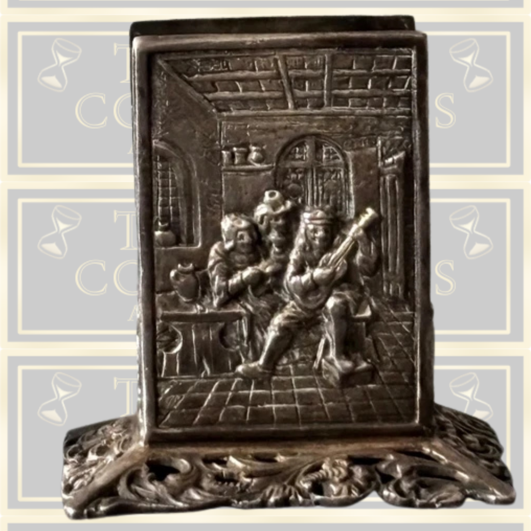 Vintage Silver Metal Match Holder Tavern Scene Engraved With Ornate Base