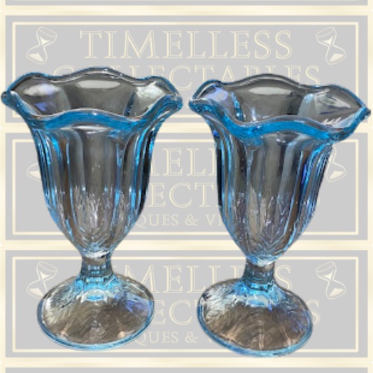 Vintage Pair Ice Blue Sundae Glasses/Vases