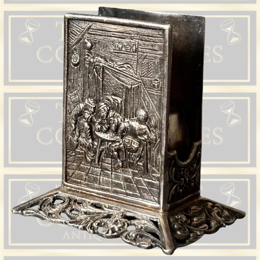 Vintage Silver Metal Match Holder Tavern Scene Engraved With Ornate Base