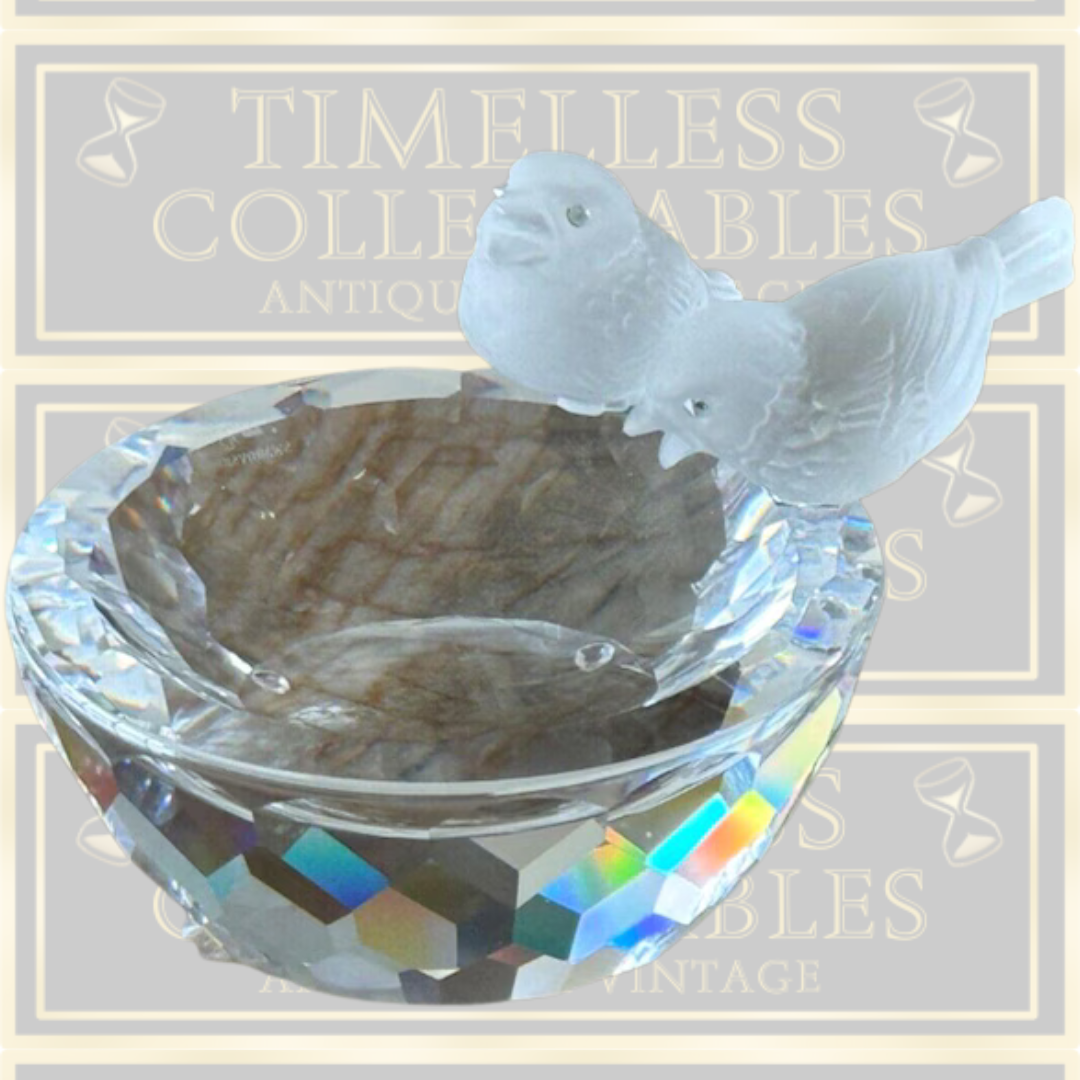Vintage Swarovski Crystal Birdbath & Frosted Birds
