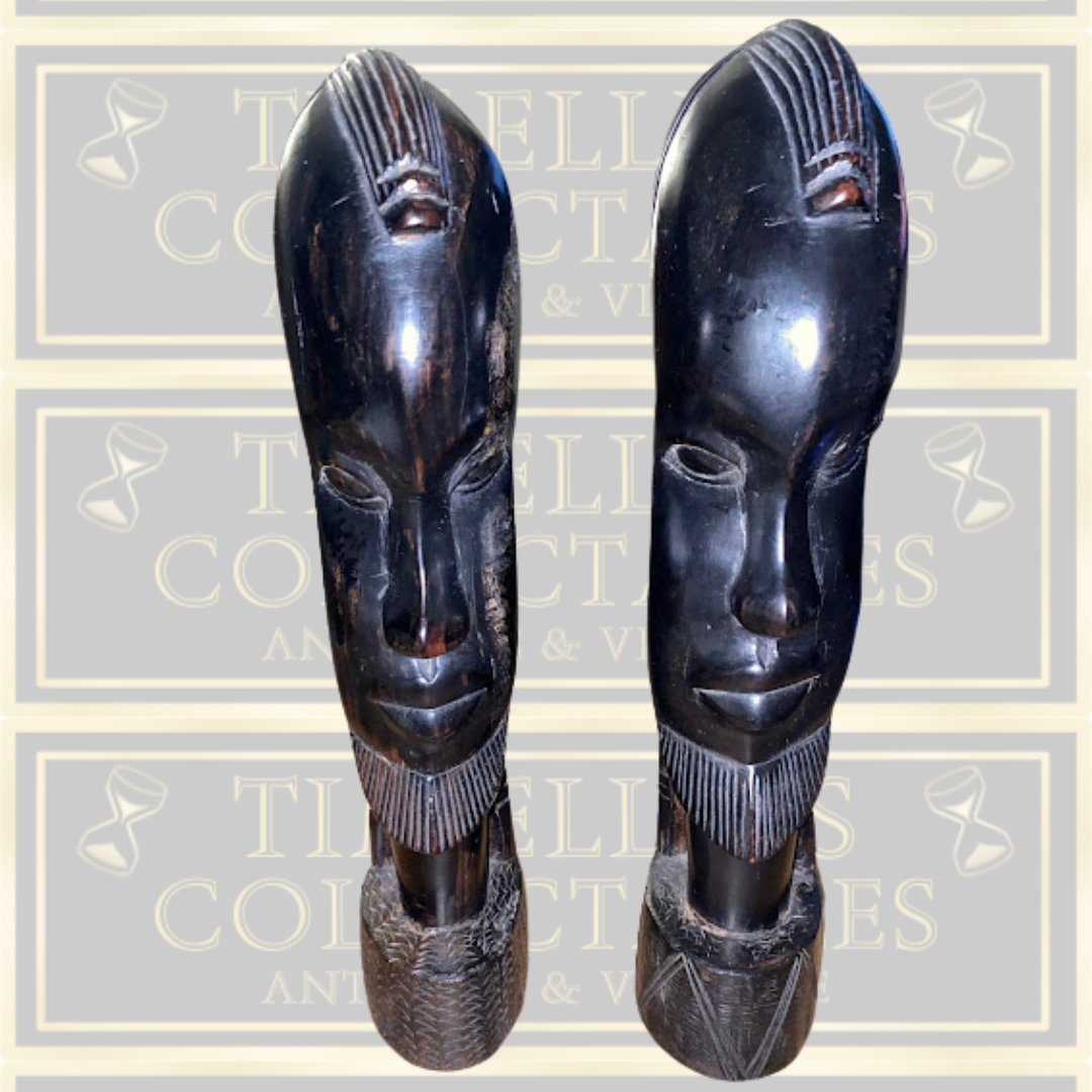 Vintage Large Pair Hand-Carved African Tribal Ebony Wood Sculptures