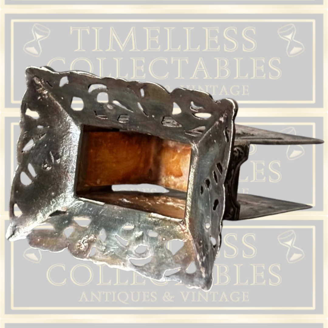 Vintage Silver Metal Match Holder Tavern Scene Engraved With Ornate Base