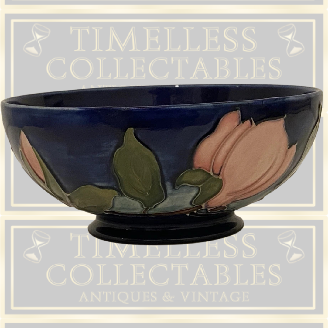 Vintage Cobalt Blue Pink Magnolia Moorcroft Signed Bowl,