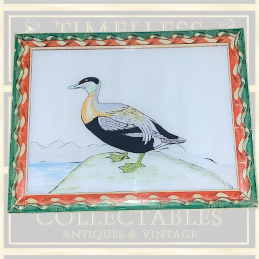 Vintage 1930S Original Indian Reverse Glass Painting Duck Male Eider Duck
