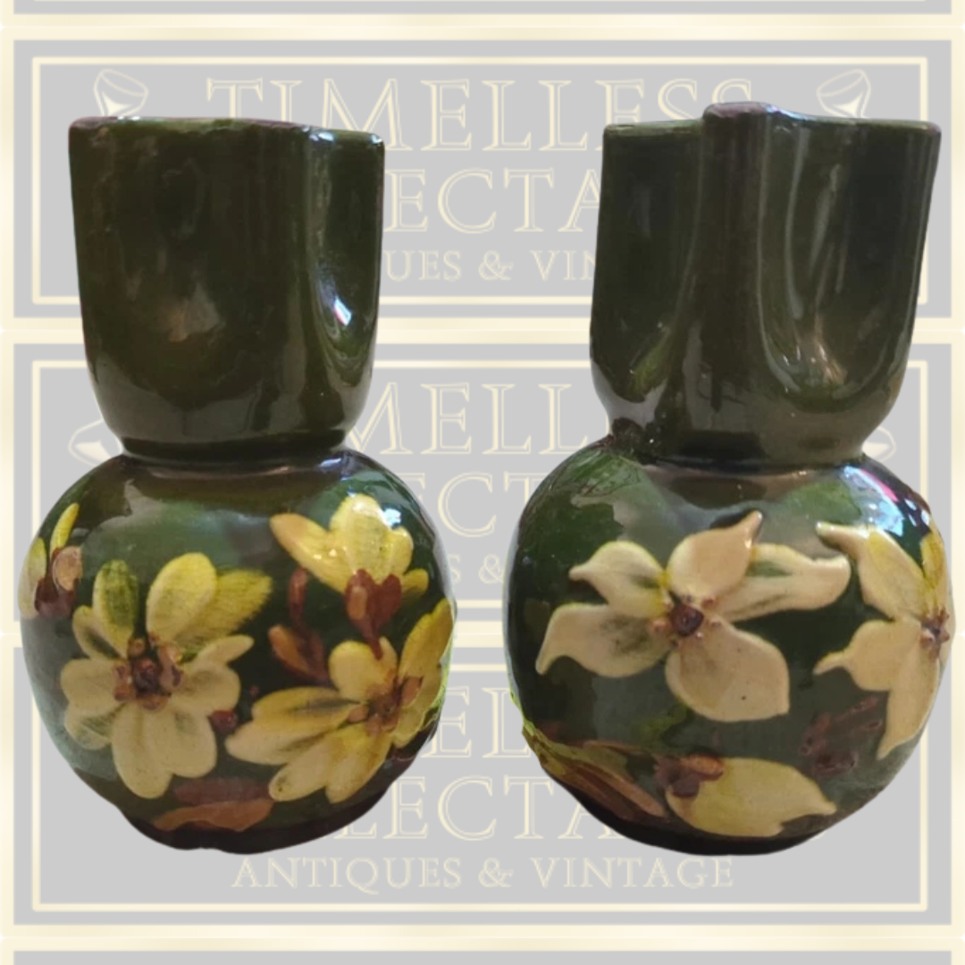 Vintage Pair Floral Exeter Crimped Art Pottery Green Glaze