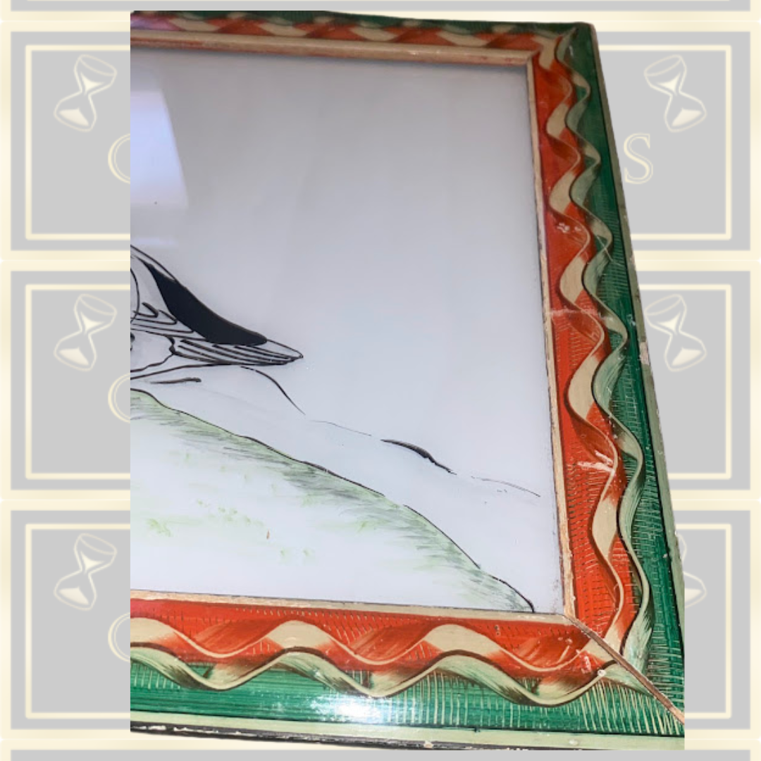 Vintage 1930S Original Indian Reverse Glass Painting Duck Male Eider Duck