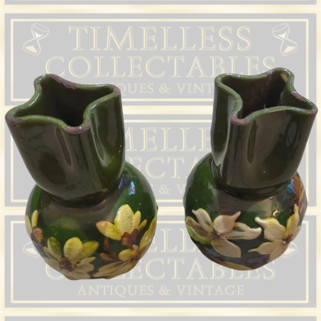 Vintage Pair Floral Exeter Crimped Art Pottery Green Glaze
