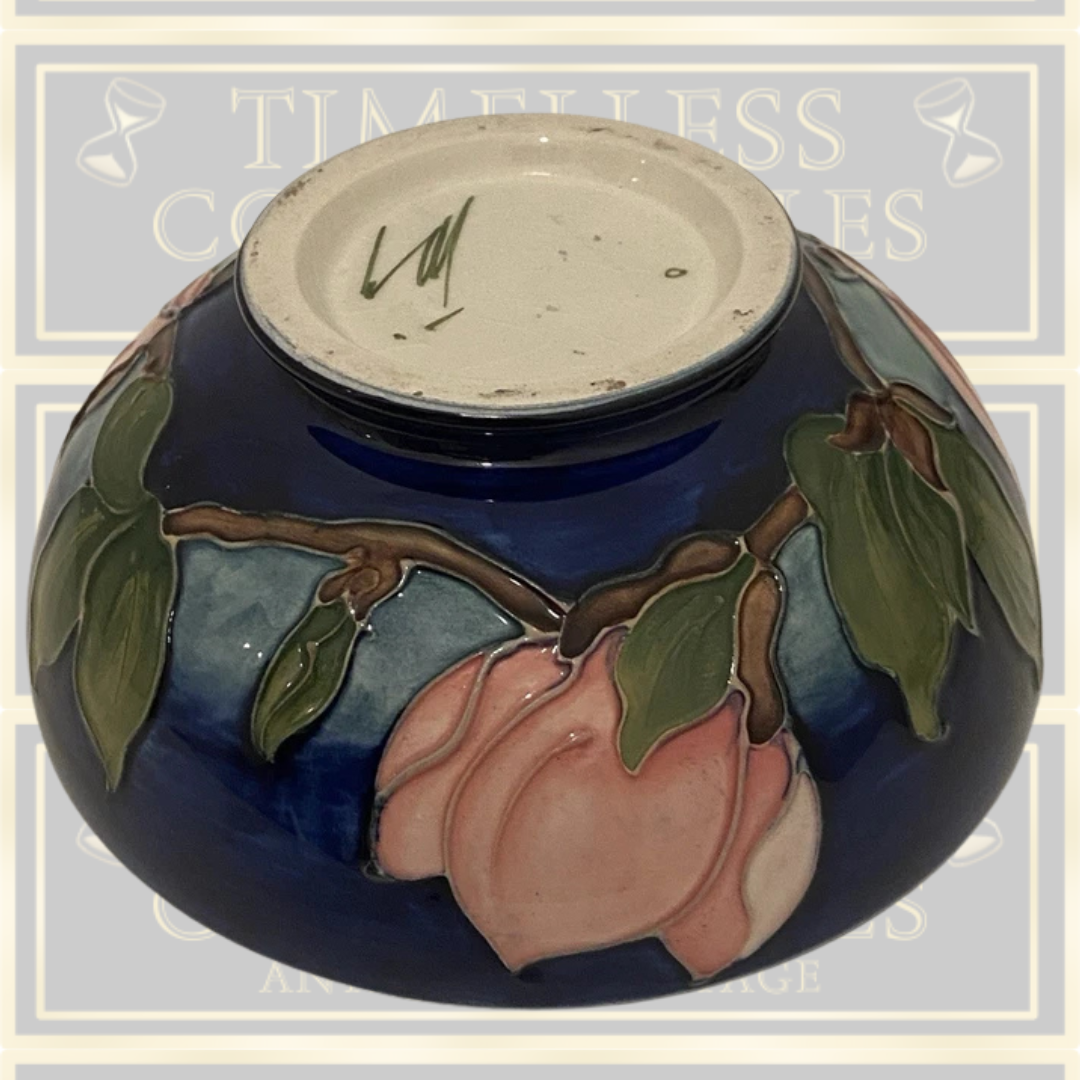 Vintage Cobalt Blue Pink Magnolia Moorcroft Signed Bowl,