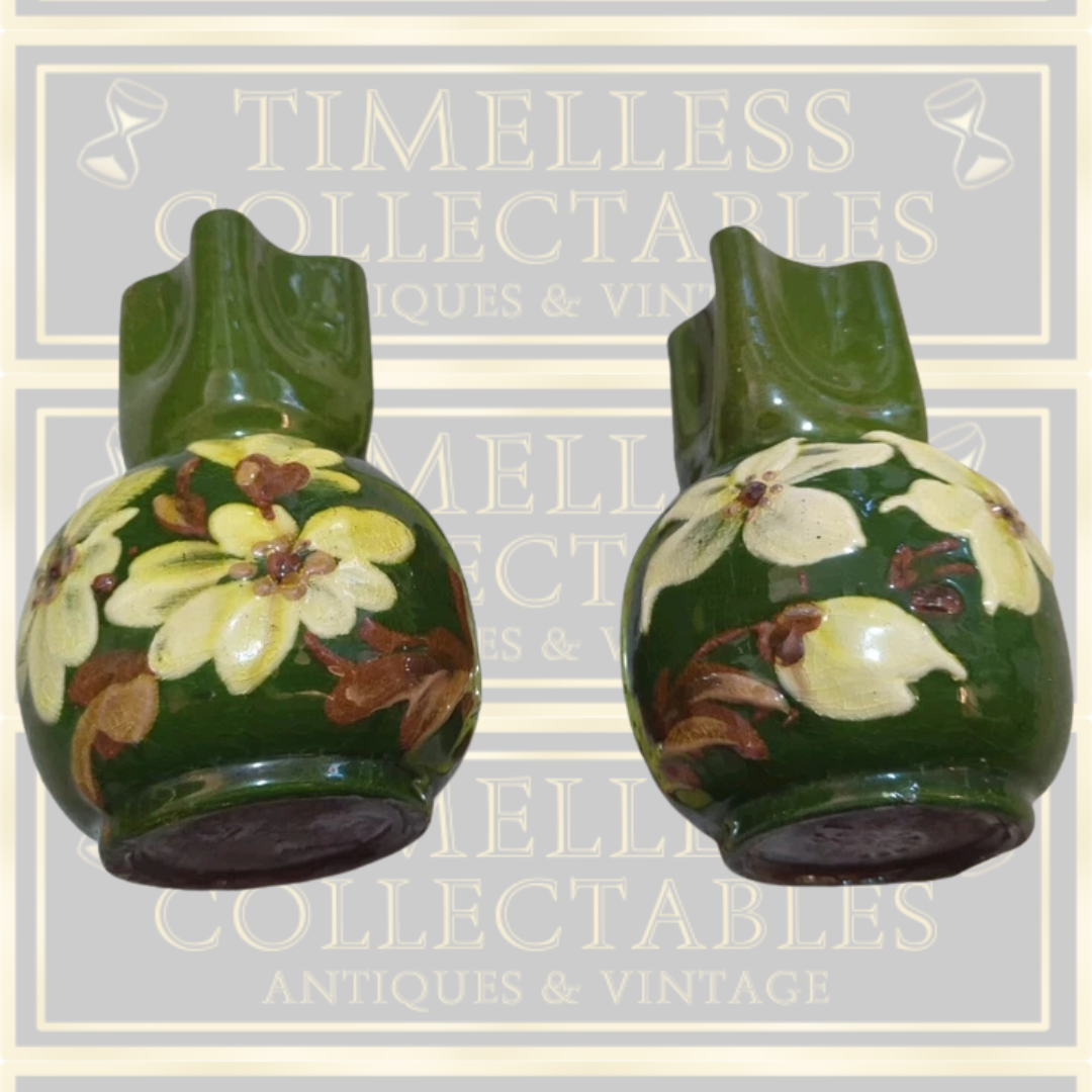 Vintage Pair Floral Exeter Crimped Art Pottery Green Glaze