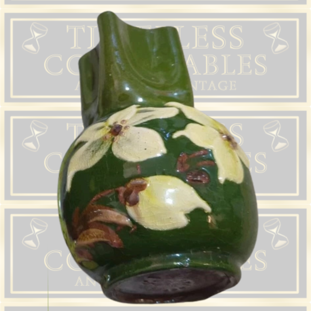 Vintage Pair Floral Exeter Crimped Art Pottery Green Glaze