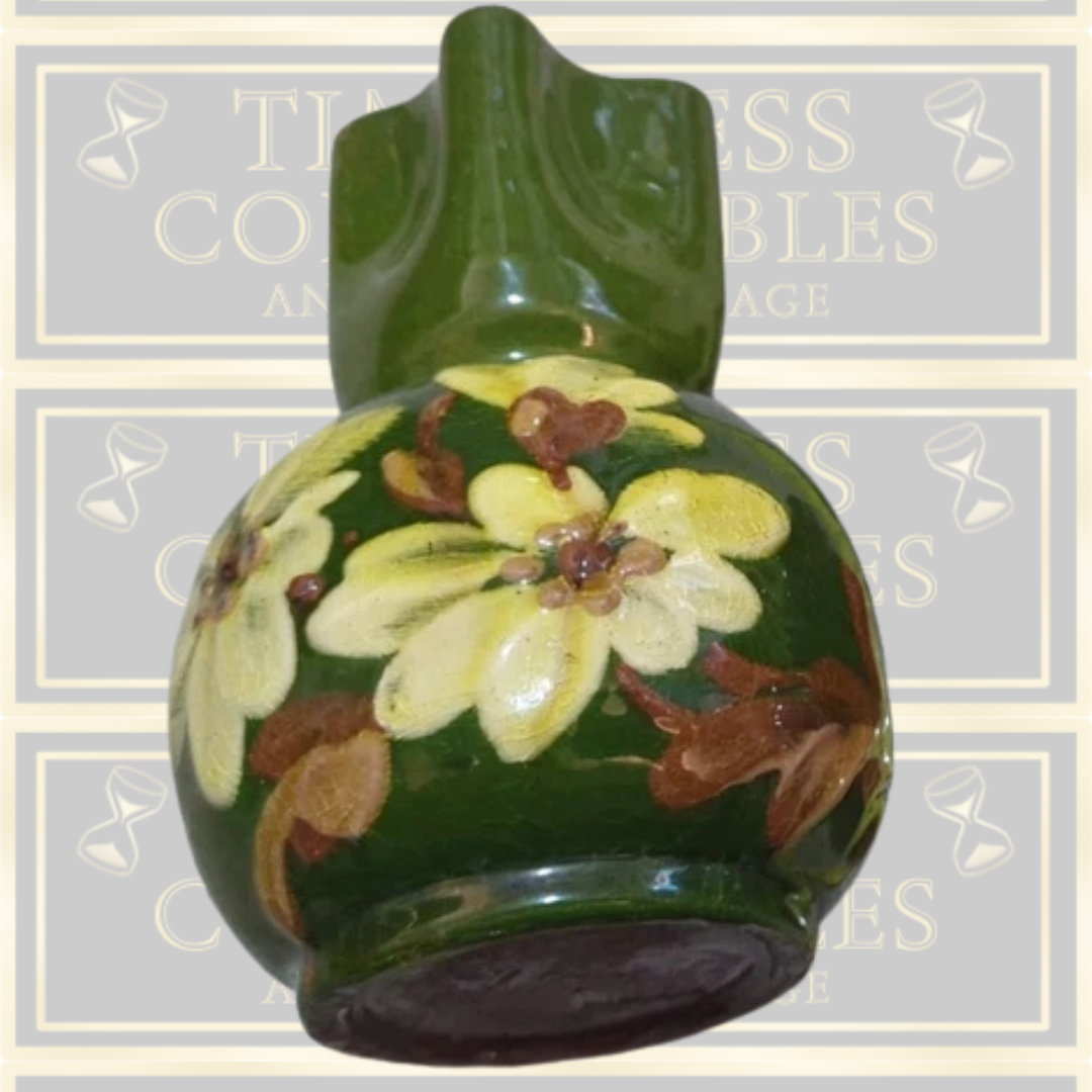 Vintage Pair Floral Exeter Crimped Art Pottery Green Glaze