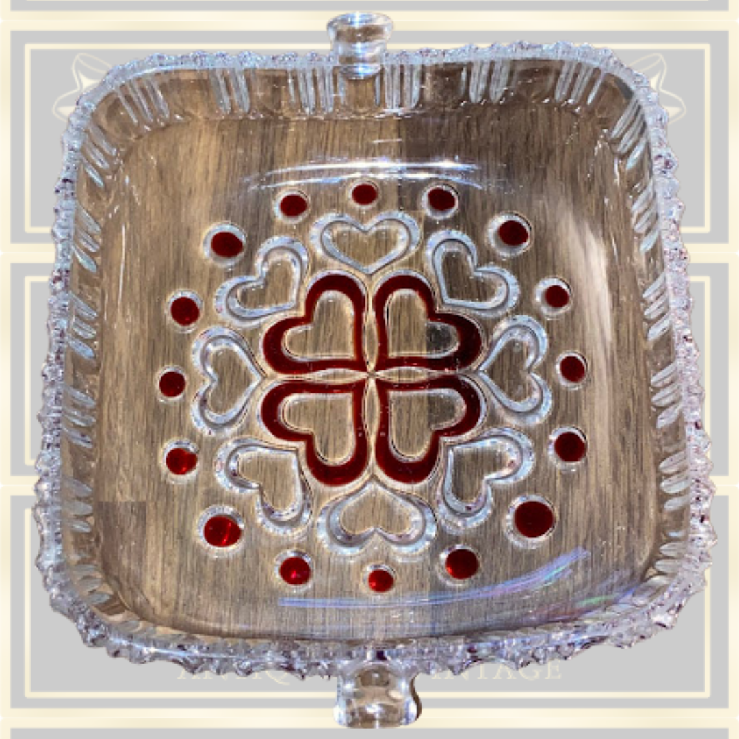 Vintage Red Heart Crystal Art Glass Square Dish